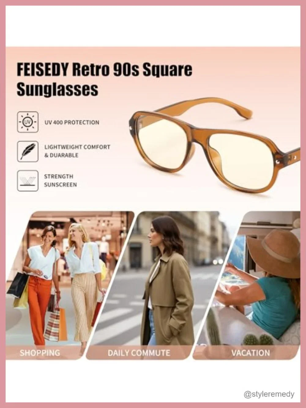 Square Retro Aviator Sunglasses UV400 Protection Plastic Frame